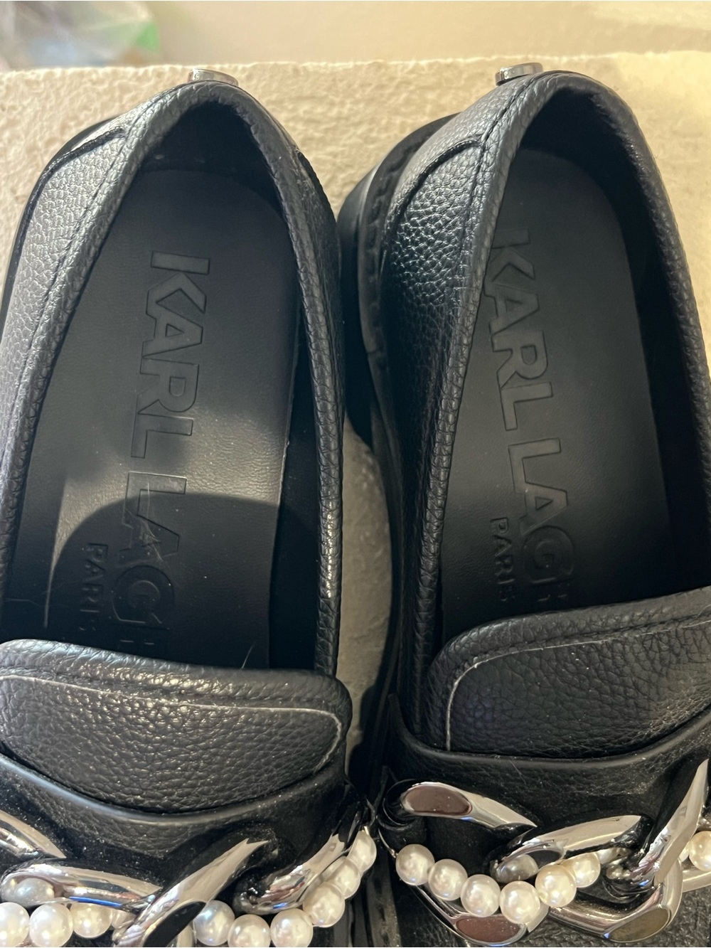 Ladies Karl Lagerfeld chunky black Gemsy slipon loafers silver pearl chain 7.5 - Picture 8 of 8